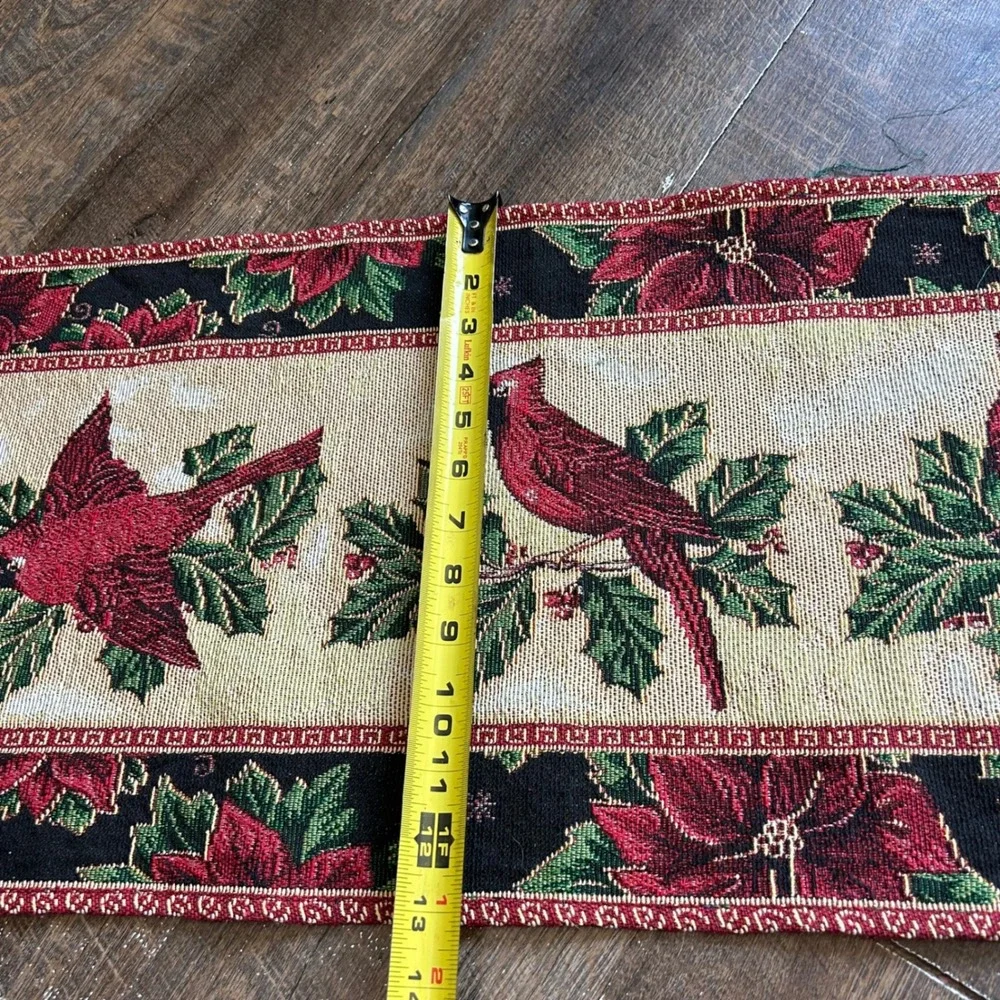 Christmas Cardinal Poinsettia Woven Tapestry Table Runner Red  13x71 Vintage